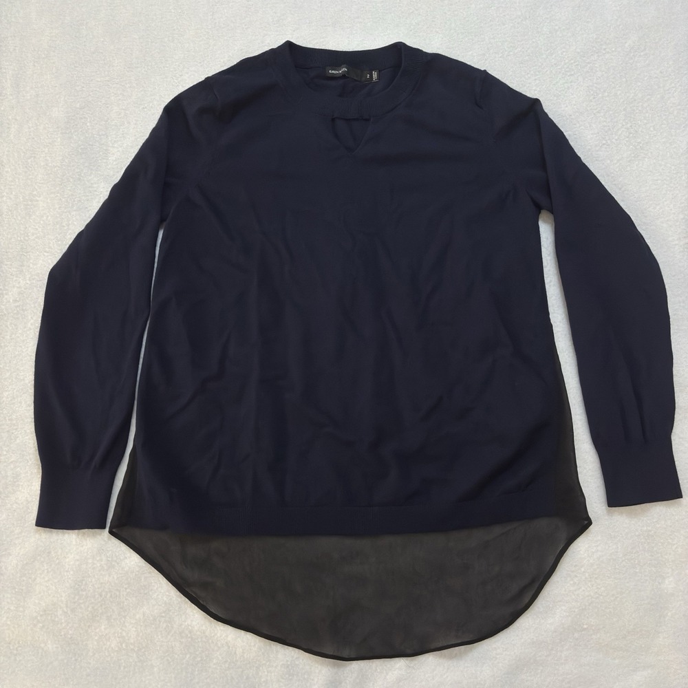 Karen Millen Top Women's Size 2 Navy Knot Contrast Black Round Neck Long Sleeve